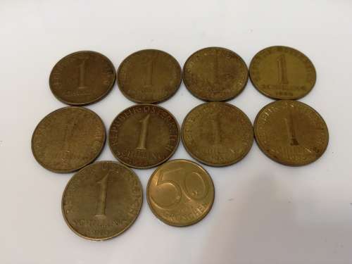 9x Austrian 1 Shilling Coins + 1x 50 Groschen